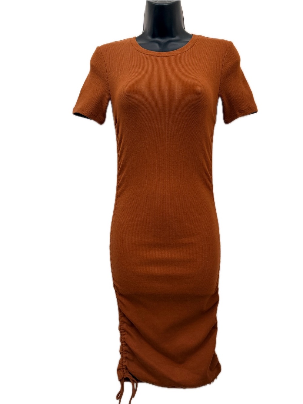Zara Rust Ruched Rib Knit Bodycon Midi Dress Small Side Drawstring - Picture 2 of 11